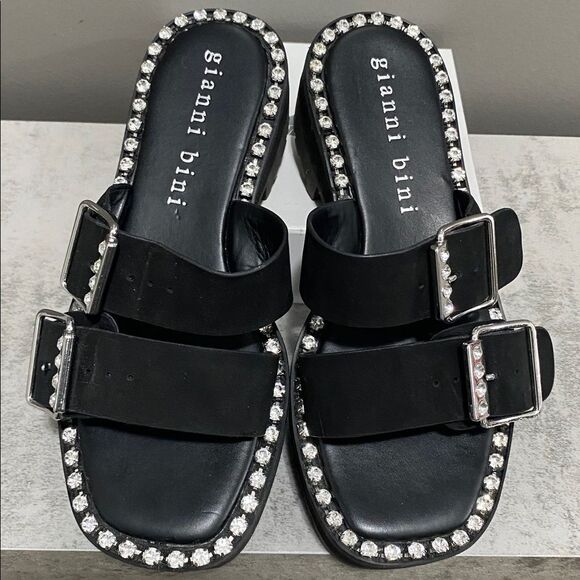 Gianni Bini Black Leather Rhinestone Buckle Sandals - Picture 2 of 14
